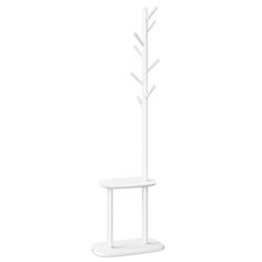 a white shelf with a plant on it and a table next to it in front of a white background