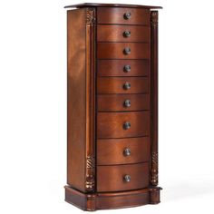 a tall wooden jewelry cabinet with many drawers