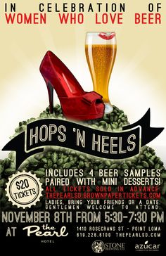 a poster for hops'n heels in celebration of women who love beer