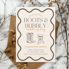 Saddle up and get ready for the ride of a lifetime with our hand-illustrated "Boots and Bubbly" Bachelorette Party Invitation! Inspired by the wild spirit of cowboys and the untamed beauty of the Wild West, this invitation is perfect for celebrating the bride-to-be's last rodeo. The intricate hand-drawn illustrations capture the essence of a country adventure, featuring cowboy boots, sparkling champagne, and rustic rodeo elements.  Each invitation is a unique piece of art, crafted with care and Boots Theme Party, Country Hens Party, Horse Themed Bachelorette Party, Country Concert Bachelorette Party, Western Cowgirl Bachelorette, Boots And Bubbly Bachelorette, My Last Rodeo Bachelorette, Dude Ranch Bachelorette, Colorado Bachelorette Party Theme