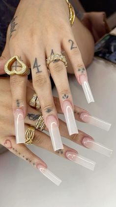 777 Ombre Milky White Nails, Long Milky White Nails, Milky White Ombre Nails, Milky White Nails, Nail Goals, Acrylic Nail Set, Edgy Nails