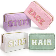 three different colored makeup bags with the word hair on them