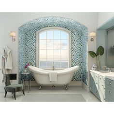 a bathroom with a tub, sink and large window overlooking the ocean is shown in this artist's rendering