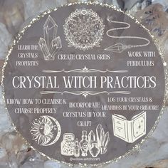 the crystal witch practices sign is surrounded by crystals