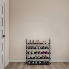 there are many pairs of shoes on the shelves in this room, all lined up