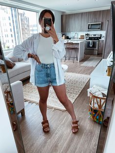 Denim shorts, white tank top, lightweight white button down, slip on sandals, vacation outfit, summer outfit Sunny Summer Outfit, Cute Florida Fall Outfits, Casual End Of Summer Outfit, Mom Shorts Outfit, End Of Summer Outfits, Mom Fits, Denim Shorts Outfit, Casual Outfits For Moms, Summer Outfits For Moms