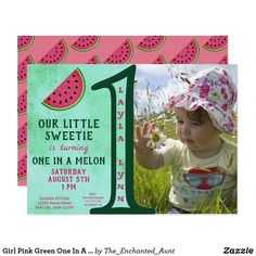 Girl Pink Green One In A Melon 1st Birthday Photo Invitation. Celebrate your girl's first birthday with this One In a Melon birthday party invitation! The birthday party invites features a glitter watermelon and a green background.  Perfect for summer birthday parties! #1stbirthdaygirl #1stbirthdaygirltheme ##1stbirthdaygirlthemesummer #summerbirthdaypartyideas #summerbirthdaypartyideaforgirl1st Girl 1st Birthday