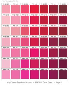 the pantone color chart is shown in red, pink and purple colors with different shades