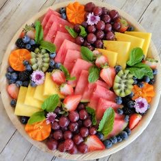 a plate full of watermelon, grapes, kiwis and other fruits