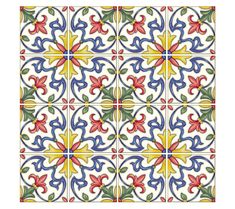 an artistic tile design with colorful flowers and leaves on white, blue, yellow and red tiles