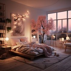 the bedroom is decorated with pink trees and lights