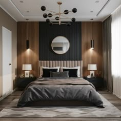 a large bed sitting under a round mirror in a bedroom