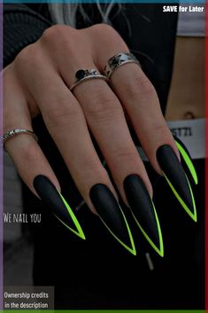 Free shipping on all UK orders Gel Nail Polish Kits Gel Polish Sets Nail Extension Lamps Black Nails With Neon Tips, Black And Green Stiletto Nails, Black With Neon Nails, Stiletto Neon Nails, Black Tip Stiletto Nails, Black Nails With Neon Design, Bright Stiletto Nails, Black And Green Nail Ideas, Black Nails With Green