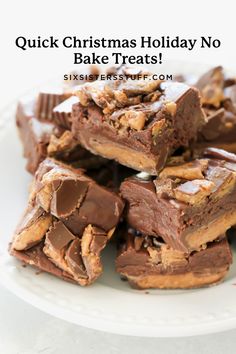 a white plate topped with pieces of chocolate fudge