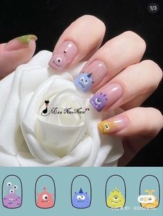 Short Animal Nails, Cute Character Nails, Cute Nail Art Ideas, Nail Cute, Kutek Disney, Hello Nails, Hippie Nails, Beauty Nails Design, Minimal Nails