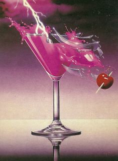 an advertisement for a pink drink with a cherry on the rim and lightning in the background