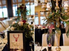 two pictures of tables with flowers and candles