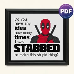 "Deadpool fourth wall break cross stitch pattern. Seriously, he was stabbed so many times...poor Deadpool. You will receive the following:  - A color picture of the design.  - A one page color chart with symbols for easy viewing from a tablet or phone. - A multiple page color chart with symbols for printing. - A multiple page black and white chart with symbols for printing. - All PDFs include a floss legend for the DMC embroidery floss used in the design. Fabric: 14 count aida, white pictured Gr Rude Cross Stitch Patterns Free, Deadpool Cross Stitch Pattern, Deadpool Cross Stitch, Gaming Embroidery, Fourth Wall Break, Geeky Cross Stitch Patterns, Geeky Cross Stitch, Geek Cross Stitch, Breaking The Fourth Wall