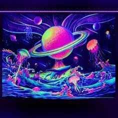 an image of the planets with jellyfish and jelly fish floating around it in neon colors