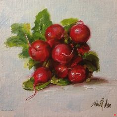 a painting of radishes with green leaves