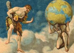 two men carrying the earth on their shoulders in front of a blue sky with clouds