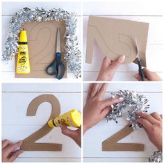 the steps to make a diy paper number with tinsel and glue are shown