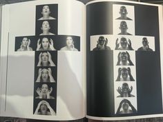 an open book with pictures of people making faces