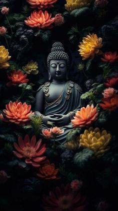 a buddha statue surrounded by flowers in the middle of a dark room with red, yellow and