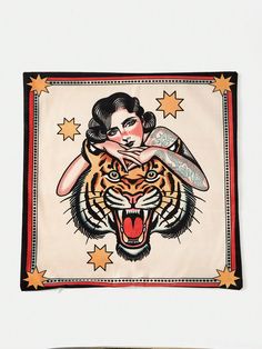 a tiger with a woman on it's back and stars around her neck art print