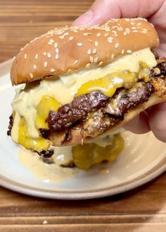 a hand is holding a cheeseburger on a plate