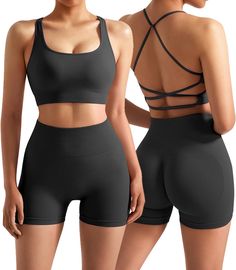 PRICES MAY VARY. Sleeveless Crisscross Strappy Back Crop Top: Fashion square neck matching workout sets for women 2 piece with open back multi strap back detailing, medium impact, removable padded. Work out sets gym for women, thick ribbed underband ensures a stay-put fit. Seamless Scrunch Butt Workout Leggings: Sexy push up tummy control compression gym leggings with v back design, butt lifting shape, no camel toe. Slimming booty workout outfits, supportive ribbed wide waistband, pass squat pro Exercise Bras, Short Kurtis For Jeans, Workout Sets For Women, Stylish Workout Clothes, Gym Sets, Halloween Jars, Outfit Gym, Gym Bra, Working Out Outfits