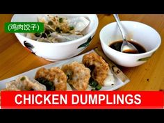 chicken dumplings with dipping sauce on the side