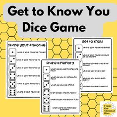 three dice game cards with the text get to know you dice game