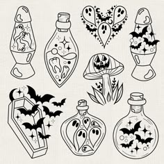 an image of halloween bottles with bats and skulls on them in black and white ink