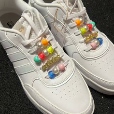 Size 11 With Beads On The Laces Beaded Laces Shoes, Beads On Shoelaces, Bling Clothes, Painted Adidas, Disney Sparkle, Diy Sneakers, Adidas Crazy, Adidas Brand, Kid Fashion