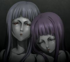 two women with purple hair are facing each other in front of a dark background and one is staring at the camera