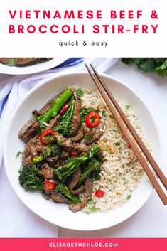 beef and broccoli stir - fry with chopsticks in a white bowl