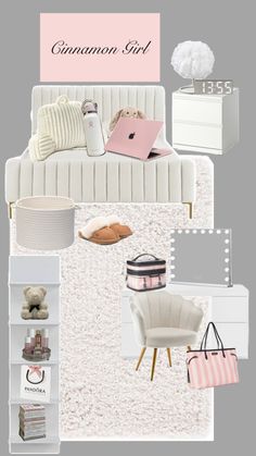 a collage of white furniture and accessories with the words summer girl on it's side