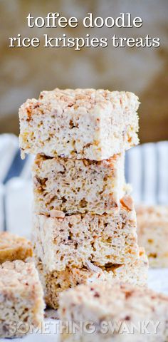 three pieces of rice krispies stacked on top of each other with the words toffee doodle rice krispies treats