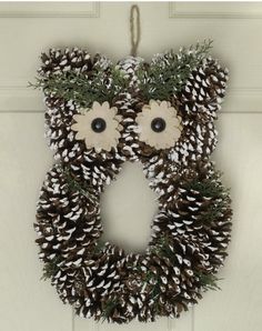 a pine cone wreath hanging on the front door