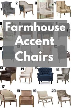 many different types of chairs with the words farmhouse accent chairs