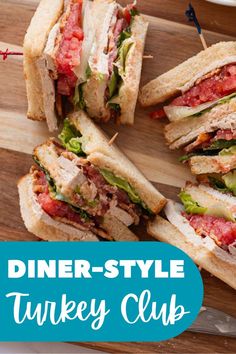 Several turkey bacon club sandwiches sit on a wooden cutting board. Bacon Club Sandwich, Using Leftover Turkey, Diner Menu, Turkey Club, Hearty Lunch, Lunch Recipe, Club Sandwich, Turkey Bacon, Leftover Turkey