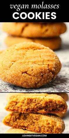 vegan molasses cookies are stacked on top of each other with the title above it