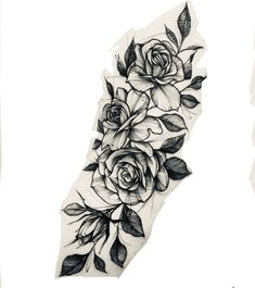 a black and white drawing of roses on the side of a woman's arm