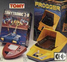 an advertisement for the electronic game froger frog, with its box and instruction manual