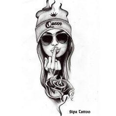 a drawing of a woman wearing sunglasses and a hat with the word queen written on it