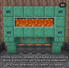 a screenshot of a fireplace with the caption'infinite lava can be burned by placing a lava source above a solid block with a drowstone underneath it