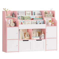 a pink and white book shelf filled with books