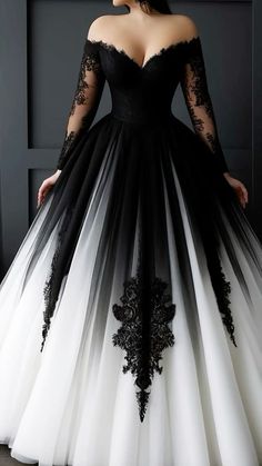 Batman Wedding Dress, Dark And Moody Wedding Dress, Black And White Wedding Dress With Sleeves, Blood Wedding Dress, Witchy Wedding Dresses, White Wedding Dress With Black Lace, Dark Romantic Wedding Dress, Wedding Dress With Black Accents, White Gothic Wedding Dress