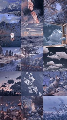 a collage of photos with clouds and trees